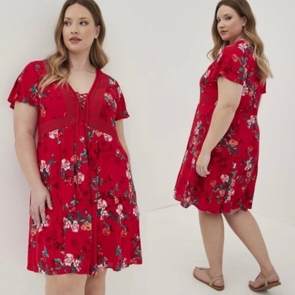 NWT Torrid Flutter Sleeve Lace-Up Skater Dress Gauze Floral Red Women Size 6X‎ - Picture 1 of 9